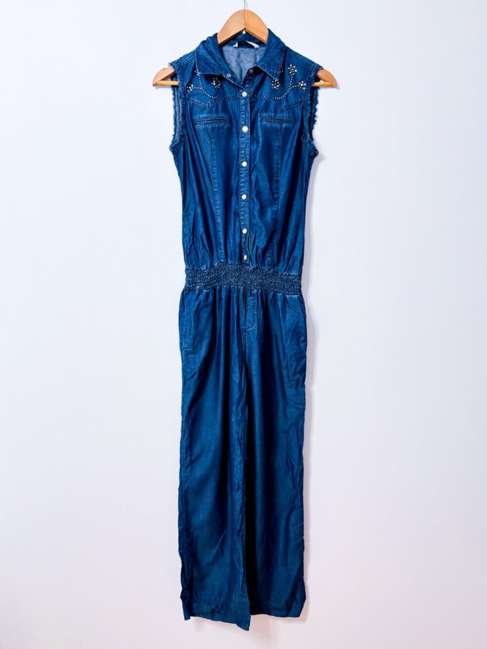 LIU JO Blue Denim Look Studded Sleeveless Smocked Waist Jumpsuit Size 28